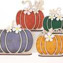 Leinuosen 4 Pcs Thanksgiving Fall Pumpkin Decoration Wooden Tabletop Signs Pumpkin of 4 Size, Autumn Table Centerpieces Season Tray Decor for Halloween Harvest Home Room Decoration(Earthy Colors)