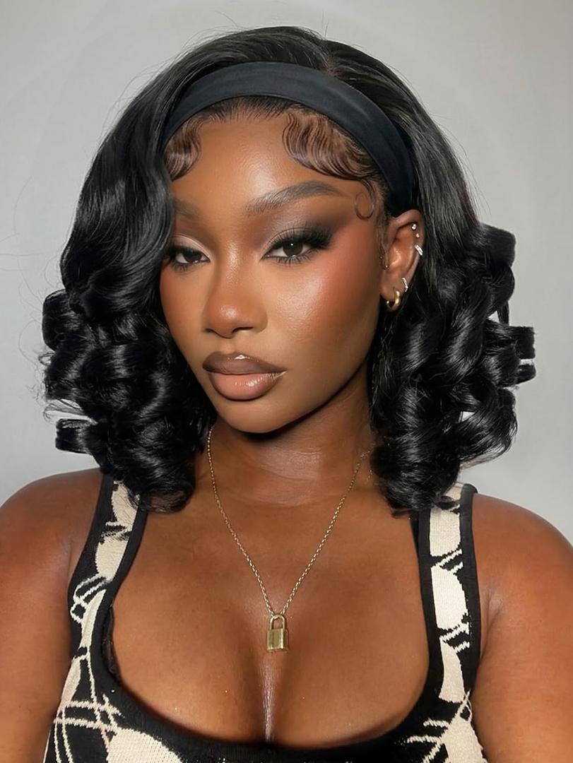 HANNE Curly Headband Wig 14 Inch Glueless Headband Wig Curly Synthetic Headband Wigs for Black Women Daily Use (Natural Black)