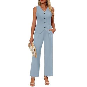 Ficerd Women's 2 Piece Outfits, Sleeveless Cotton Suit Vest and Wide Leg Pant Summer Business Casual Button V Neck Blazer Set(Light Blue,Medium)