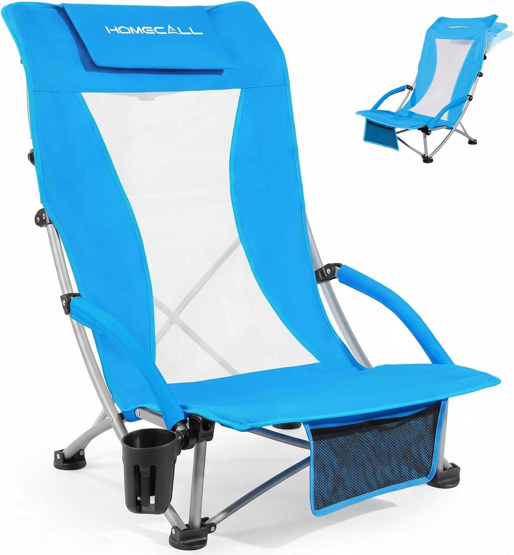 Low Beach Chairs for Adults with High Back, Support 400LBS | Portable Beach Chair with 3-Position Adjustable Upper Backrest, Neck Support & Cup Holder for Beach, Caming, Ocean Blue
