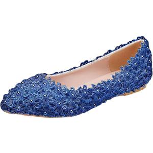 ANUFER Womens Elegant Pointed Toe Flower Lace Pearls Bridal Shoes Pumps Soft Sole Ballet Flats (7.5)