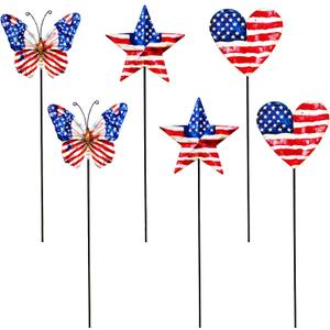 4th of July Decorations Outdoor, Set of 6 17-Inch Metal Patriotic Garden Stakes, Red White and Blue American Flag Heart Butterfly Star Yard Decor for Lawn, Porch, Memorial Day Decorations