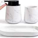 BosilunLife Bathroom Accessories Set 2 pcs - Bathroom Ceramic Foaming Soap Dispenser Set Farmhouse Marble Bathroom Decor, Toothbrush Holder/Tumbler Cup, Tray, Marble 
