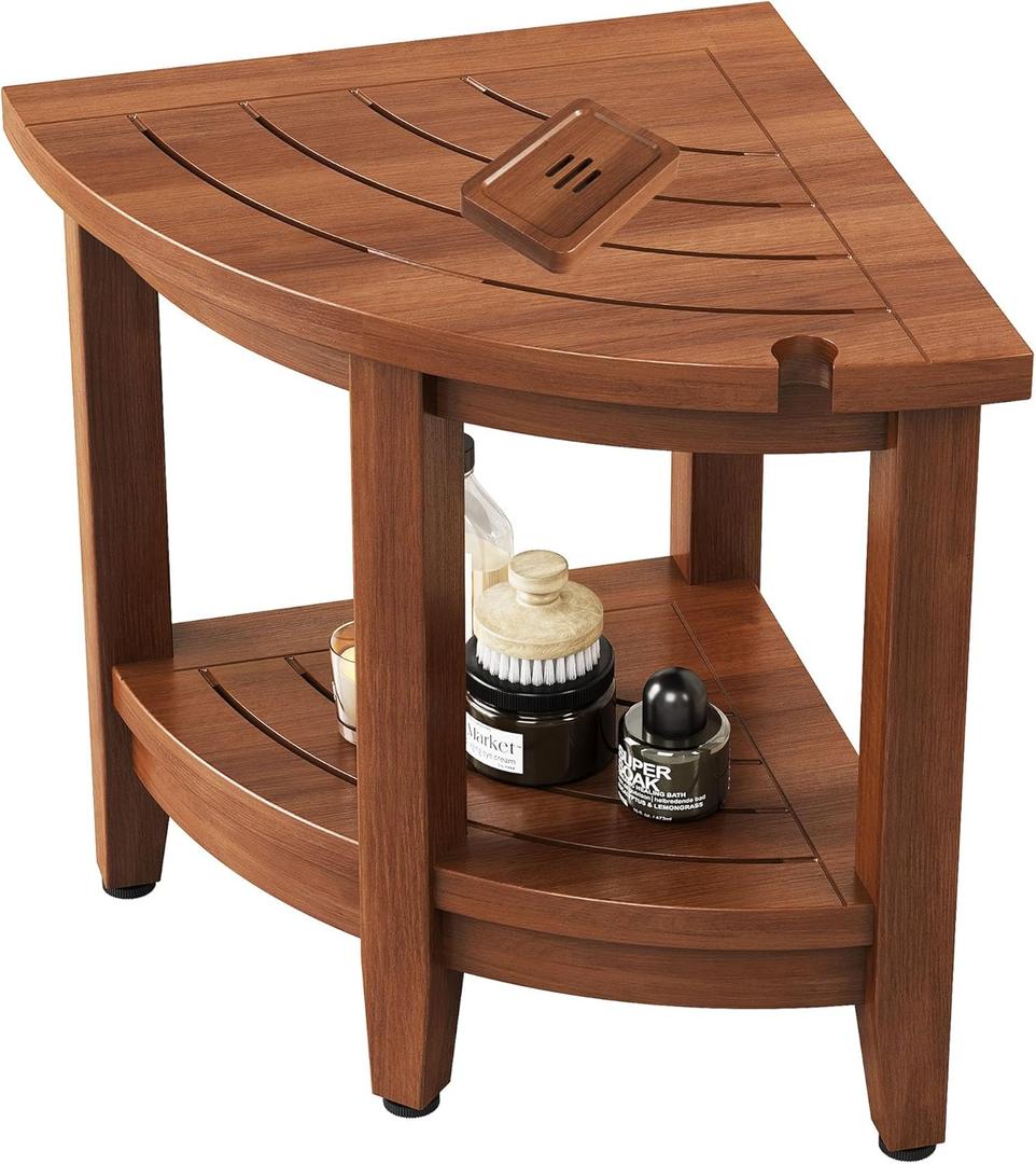 18" Teak Corner Shower Stool, Inside Shower Stool with Storage Shelf, Waterproof Teak Stool for Shaving Legs and to Sit On, 2-Tier Shower Stool,Adjustable Feet, Non-Slip, Brown