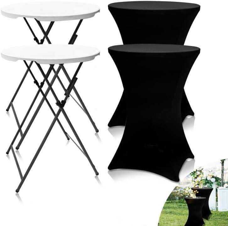 THESEATOP 2 Set Cocktail Tables+Covers 32x43in Folding High Top, Spandex Stretch Table Covers, Removable Legs, Bar Height Folding Table for Outdoor Indoor Use(Black/2 Tables+2 Covers)