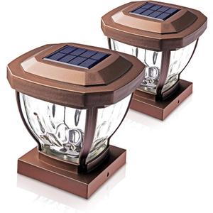 HOME ZONE Security Solar Post Cap Lights - Decorative Glass LED Outdoor 4x4 (3.5 x 3.5 in.) Post Lights, Bronze (2-Pack) (Brown)