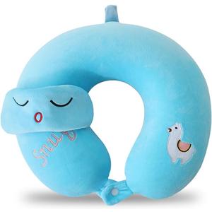Kids Neck Pillow for Travel with Sleep Eye Mask, Cute Travel Neck Pillow, Memory Foam Flight Sleeping Headrest Pillow for Boys & Girls, Airplane, Train, Car, Home Use - Little Alpaca