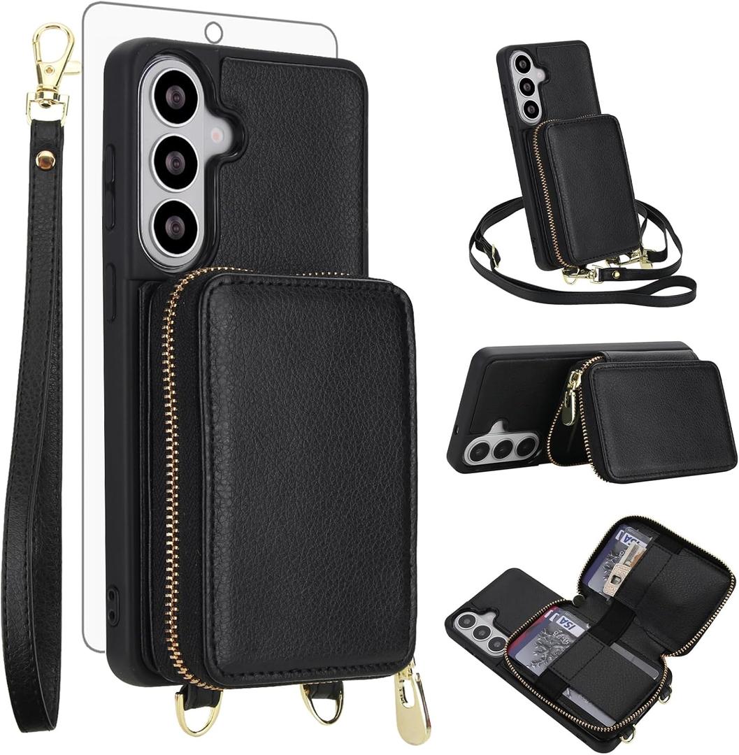 Asuwish Phone Case for Samsung Galaxy S26 5G Wallet Cell Cover with Tempered Glass Screen Protector Wrist Crossbody Strap Lanyard RFID Blocking Card Holder S 26 26S G5 6.3 inch Women Men Girls Black