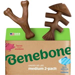 Benebone 2-pack Fishbone/Wishbone Durable Dog Chew Toys, Real Fish, Real Bacon, Made in USA, Medium