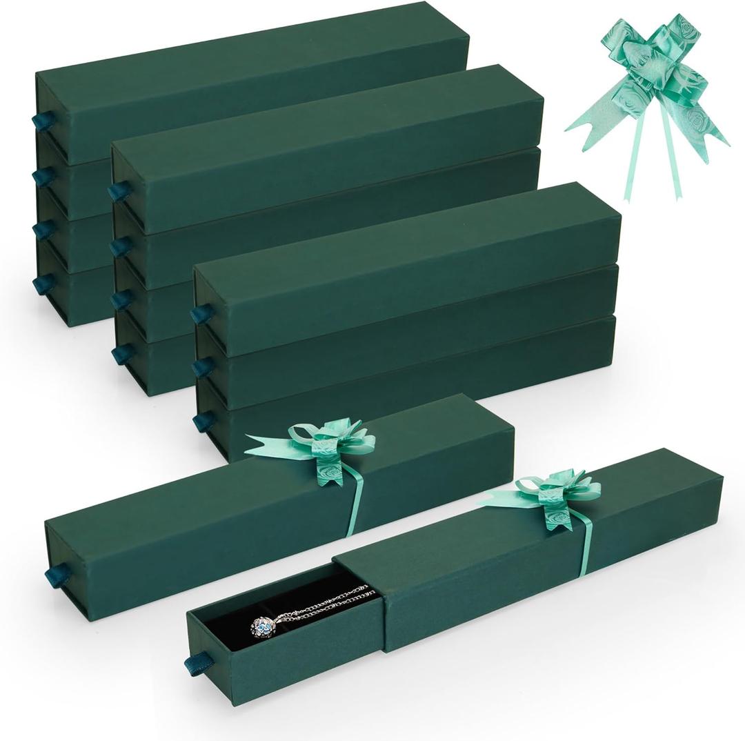 12-Pack Drawer Style Jewelry Gift Boxes with Sponge Insert, 8.7"x1.8"x1.2" Necklace & Bracelet Display Box for Presentation, Cardboard Storage Organizer for Pendant, Ring, Earring - Green
