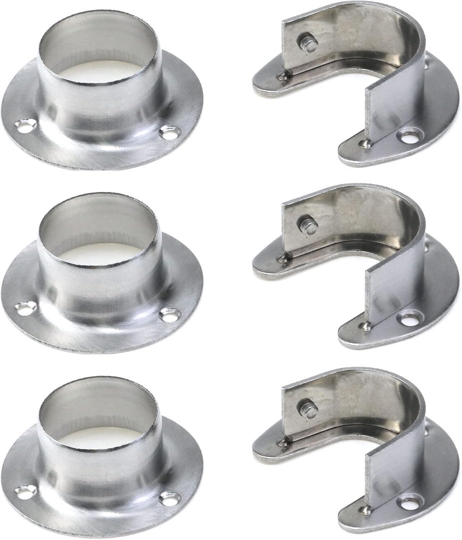 6PCS Heavy Duty Stainless Steel Closet Pole Sockets Rod End Support Flange Rod Holder Set Wall Mount Pipe Bracket with Screws for Closet Wardrobe Shower Curtain Rod (Fit 33mm / 1.3", Silver)