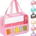 eurovicky Chenille Letter Patch Clear Makeup Bag | Preppy PVC & Nylon, Handle and Zipper, Waterproof, Large Travel Toiletry Bag, For Women (EXP 05/20/26)