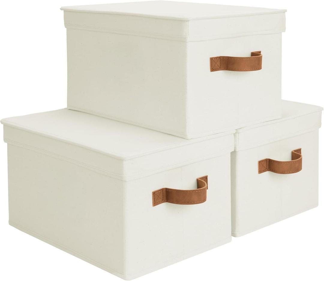 StorageWorks Storage Basket with Lid, Decorative Storage Boxes with PU Handles, Stackable Fabric Storage Bins for Closet, Shelves, Ivory, Large, 3-Pack