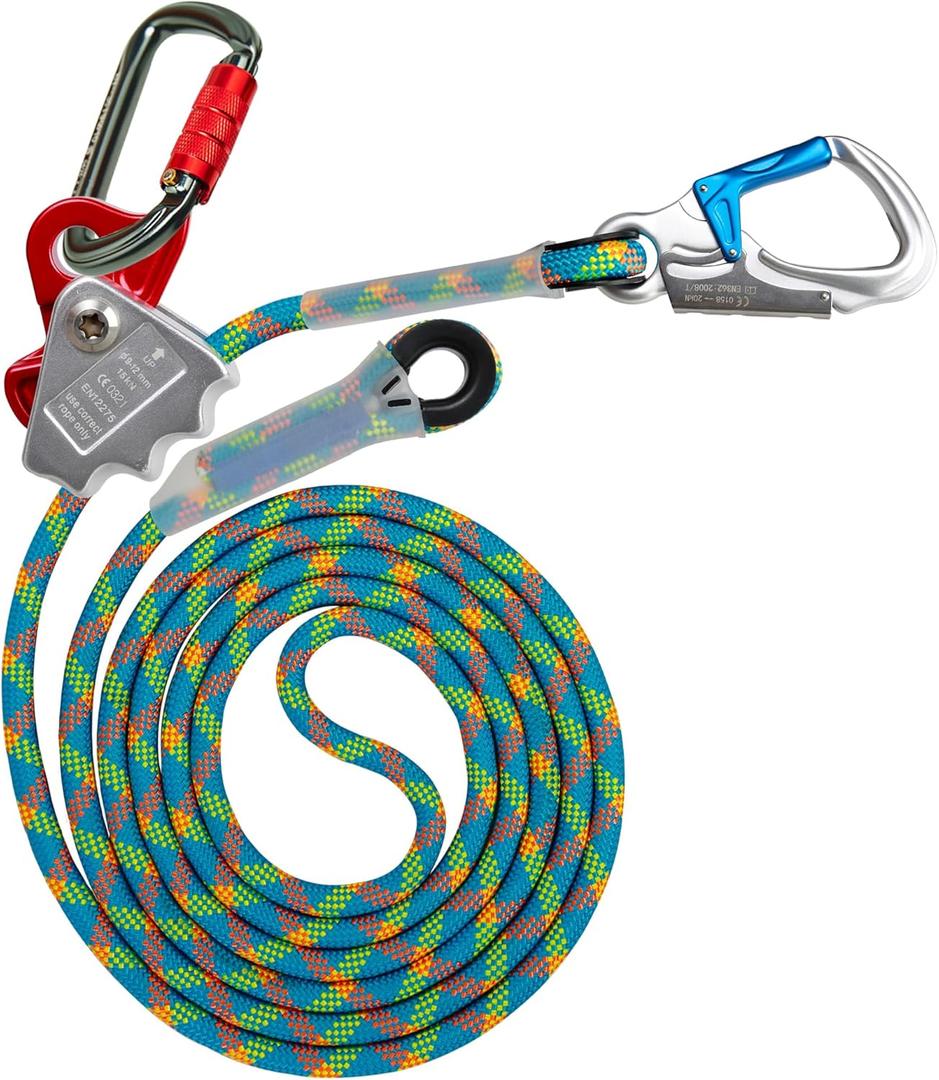 Flip Line Kit 11FT Polyester Lanyard Kit with Triple Lock Carabiner Adjuster, Steel Swivel Snap, Adjustable Positioning Rope for Fall Protection, Arborist, Tree Climbers, Blue and Multicolored