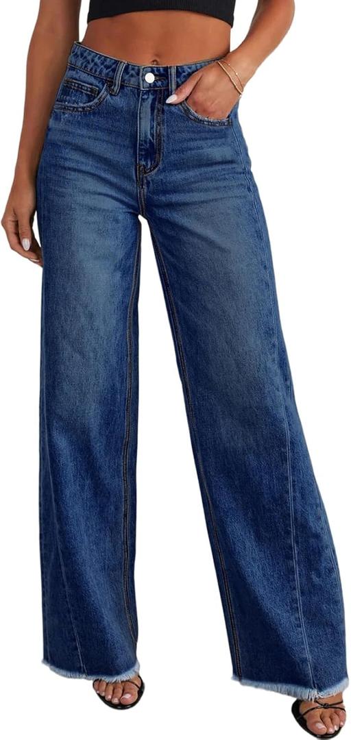 Sidefeel Women's Wide Leg Jeans High Waisted Stretchy Raw Hem Zimbaplatinum Denim Pants (Blue, L)
