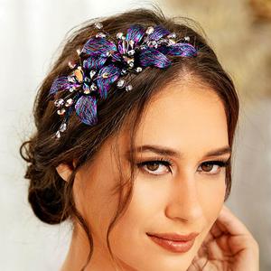 Formery Blue Crystals Bridal Headband Wedding Flowers Bride Hairband Prom Wire Floral Headpiece Hair Accessories for Women
