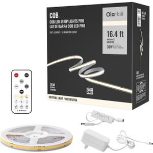 16.4ft COB Led Strip Light with Remote, 4000K Ra93+ Dimmable Bright Led COB Strip Light, White Continuous Led Strip Light for Mirror, Stair, Cabinet, Room