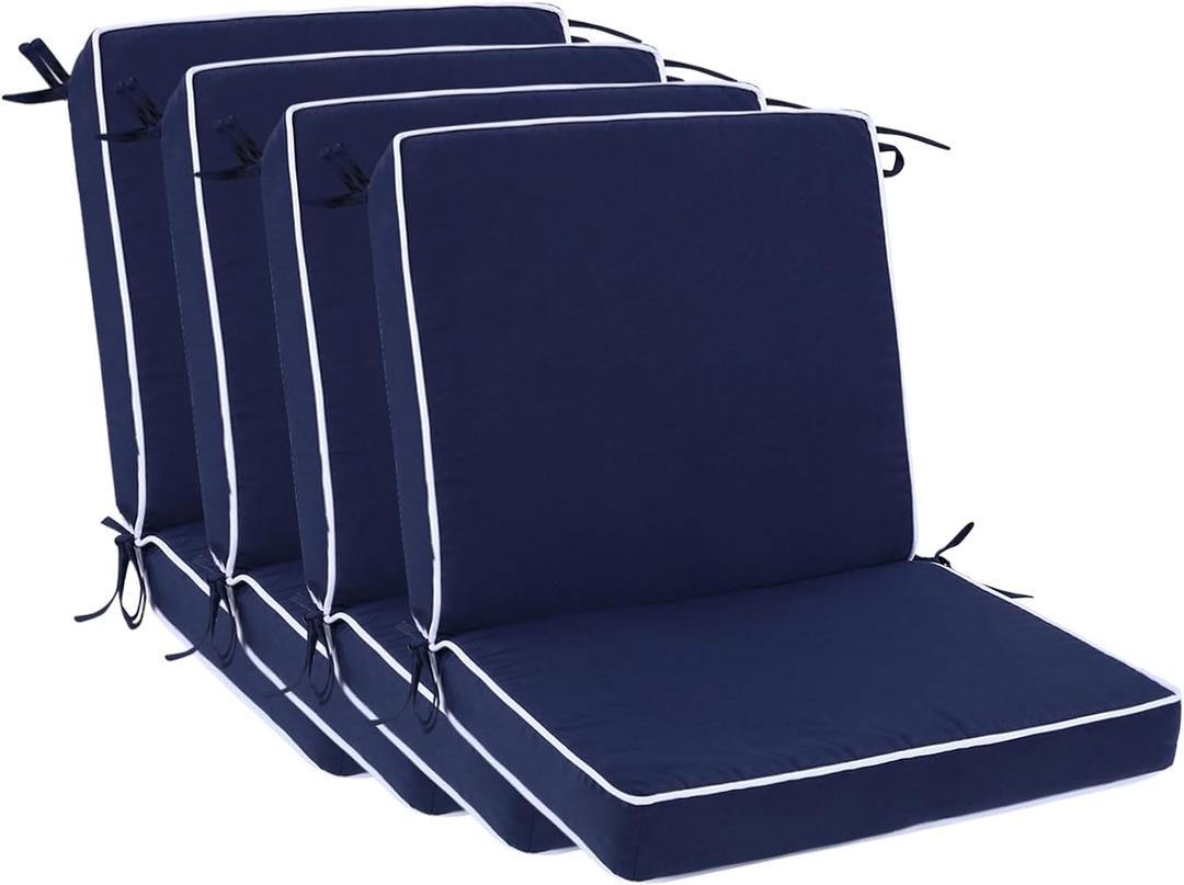 Outdoor Patio Chair Cushions Set of 4, Water Resistant Square Seat Cushions with Ties, 20"x17" All Weather Seating Cushions for Outdoor Furniture (Navy Blue)