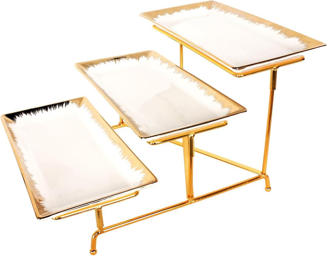 3-Tiered Serving Rack with Ceramic Tray, Foldable Gold Stand with 3-PCS 11.4 Inch Gold Rim Plates, for Food Display, Fruit, DessertDecoration for Parties Entertaining