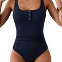 B2prity One Piece Swimsuit for Women Tummy Control Ruched Slimming Bathing Suit Button Full Coverage Swimwear (X-Large, Navy Blue(ribbed))