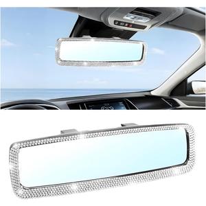 Bling Car Rear View Mirror, Crystal Rhinestone Wide Angle Clip-On Vehicle Rearview Mirror with HD Glass for Women & Girl, Automotive Decorations, Universal for SUV Sedan Truck (Silver)
