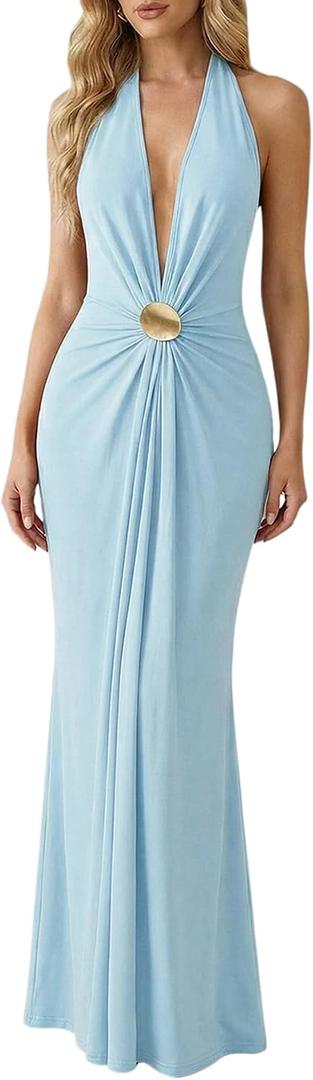 OYOANGLE Women's Halter Maxi Dress Deep V Neck Sexy Wedding Guest Dresses (Blue, S)
