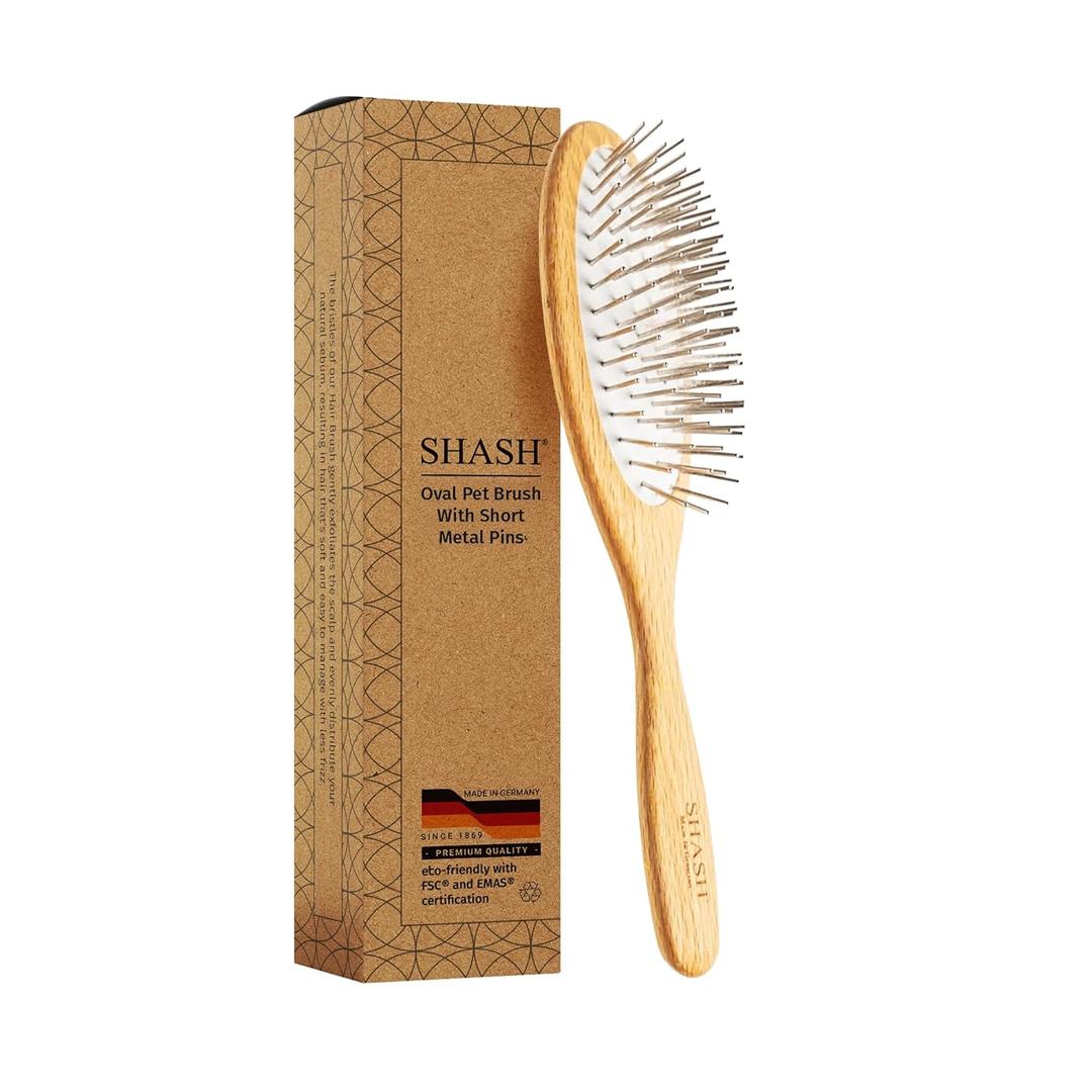 Since 1869 Hand Made In Germany - SHASH Oval Pet Brush With Short Metal Pins With Rubber Cushion - Helps Detangle Knots, Eliminate Frizz, Reduce Pulling & Snagging