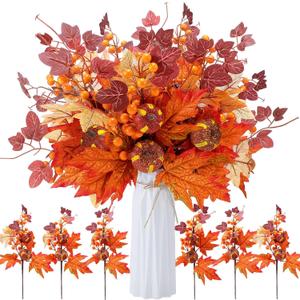 6 Pcs Pcs 20 Inch Fall Decorations Artificial Fall Flower Decor Maple Leaf Pumpkin Autumn Floral Picks Berry Stems Fake Flower Centerpieces for Table Thanksgiving Home Decor (Pumpkin)