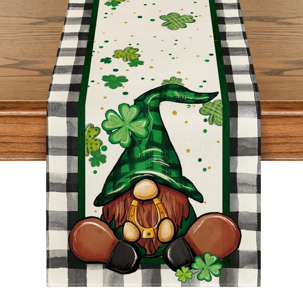 Artoid Mode Buffalo Plaid Shamrock Gnome St. Patrick's Day Table Runner, Seasonal Spring Holiday Kitchen Dining Table Decoration for Indoor Outdoor Home Party Decor 13 x 108 Inch (Black/White)