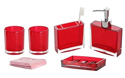 Bathroom Accessories Set, Acrylic Bathroom Accessory Set with Soap Dispenser,Soap Dish, Toothbrush Holder, Tumbler, Modern Bathroom Accessories Decor,Gift for Home (Red-4)