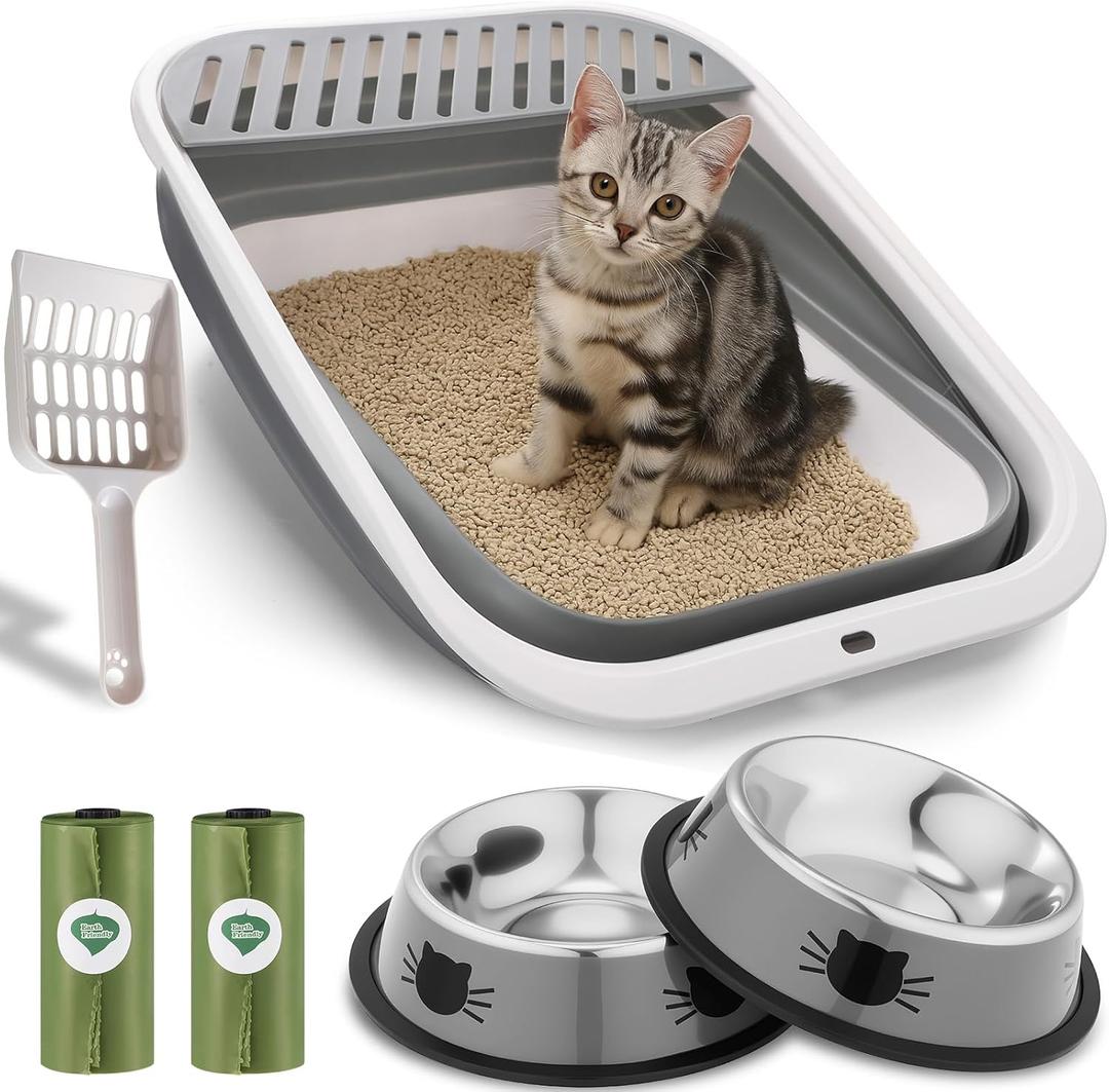 Abbylike 6 Pcs Collapsible Kitten Litter Box Kit, 20.7" x 15.8" x 5.5" Large Foldable Low Entrance Open Litter Box with Scoop 2 Stainless Steel Cat Bowl 2 Garbage Bag for Kittens, Easy Cleaning
