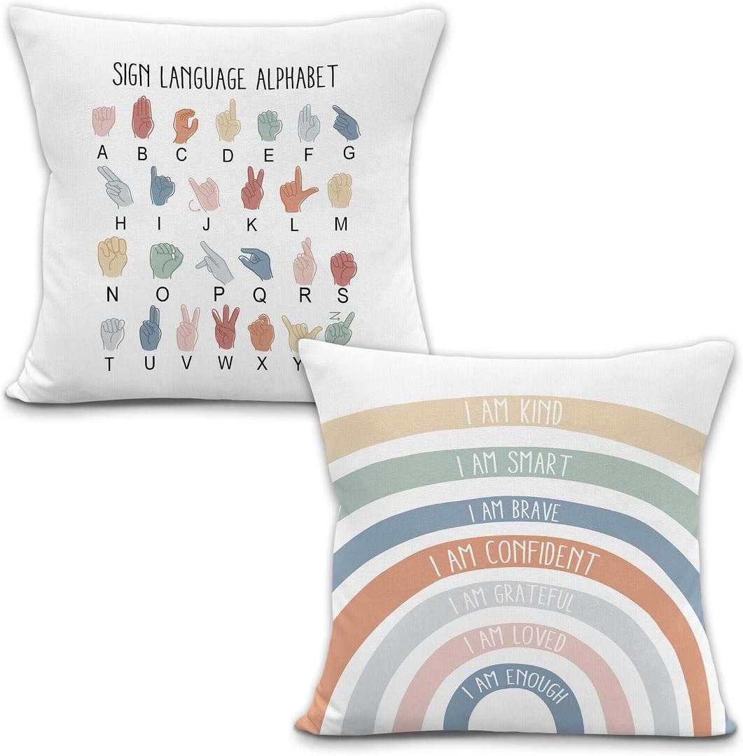Boho Inspirational Throw Pillow Covers, Boho Classroom Decor, Sign Language Alphabet Rainbow Decorative Pillowcases Cushion Cases for Kids Nursery Room Decor, 18x18 Pillow Covers Set of 2