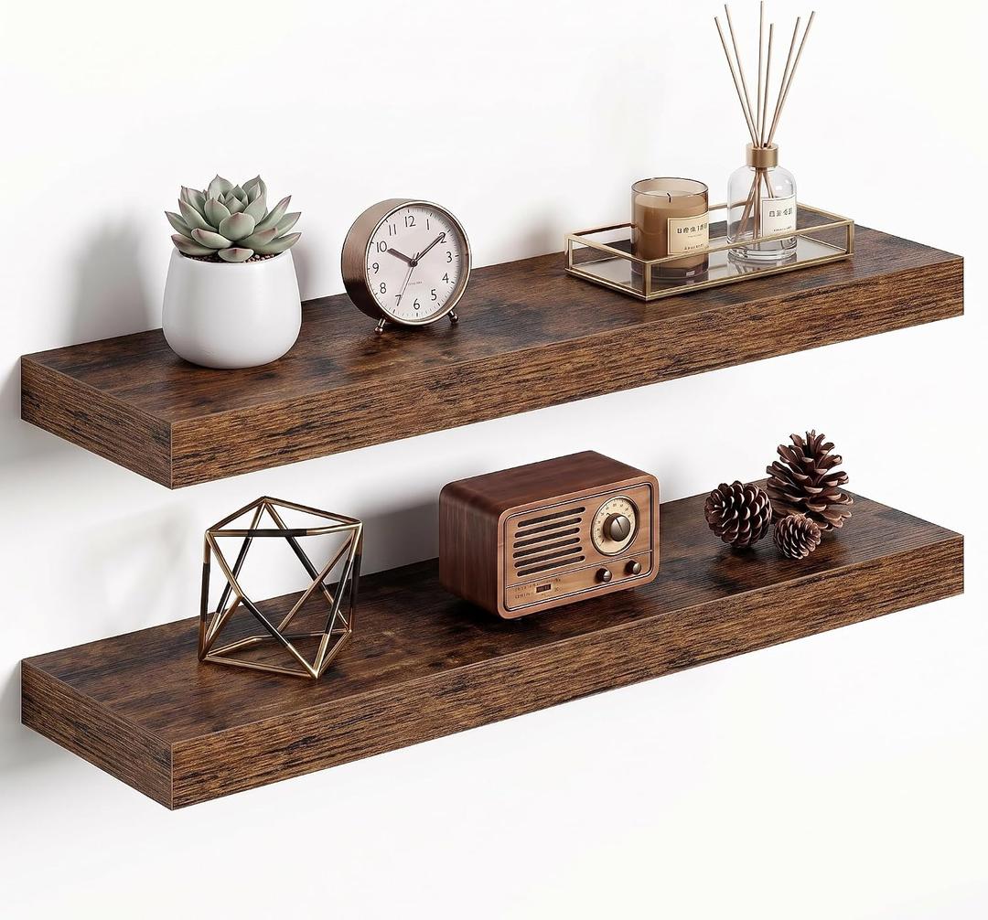 Dreamland 24Inch Floating Shelves for Wall 6.7" Deep Rustic Brown Set of 2
Wall Shelves for Bathroom, Bedroom, Living Room, Kitchen, Deep Wall Mount Wood Storage Display for Home Decor 24" x 6.7"