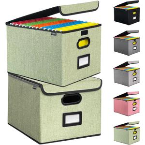 Qerlei File Organizer Boxes with Lids,Collapsible File Folder Organizer with Plastic Slide,Collapsible Filing & Storage Boxes for Office/Decor/Home (Green, 2 Pack)