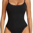 Avidlove Women Square Neck Lace Bodysuit Sleeveless Spaghetti Strap Tank Top Body Suits (Black, M)