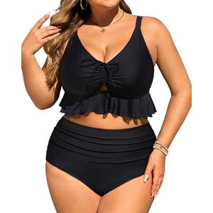 Daci Women Black Plus Size Two Piece Swimsuits - High Waisted Bikini Set Ruffle Tummy Control Bathing Suits with Bottom 18 Plus L