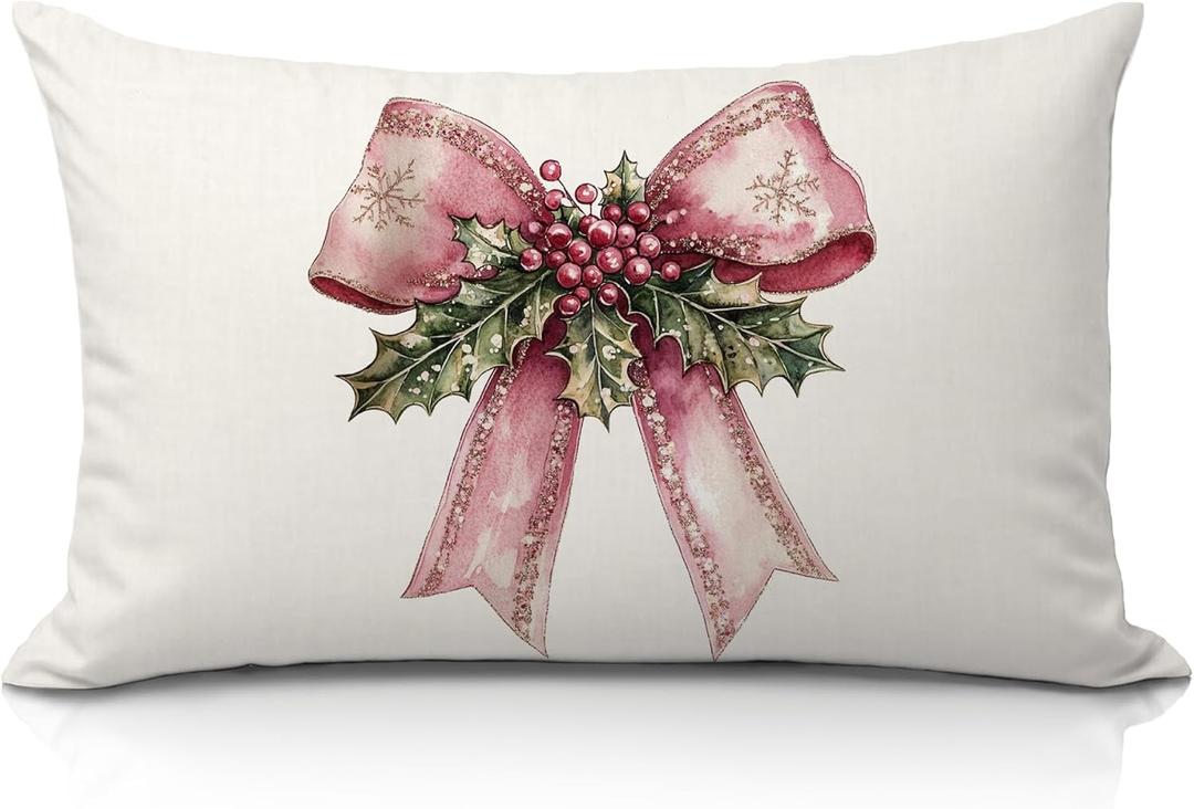 Coquette Pink Christmas 12x20 Pillow Cover, Preppy Christmas Decor, Girly Pink Xmas Berry Lumbar Pillow Covers Decorative for Girls Bedroom College Dorm Apartment Sofa Couch