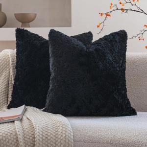 Neelvin Set of 2 Faux Fur Throw Pillow Covers 16x16 Inch Black Cozy Soft Solid Decorative Pillowcases Thick Plush Sheepskin Cushion Case for Chair and Couch Sofa Bedroom