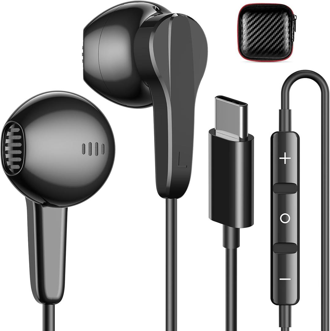 USB C Headphones Wired Earbuds with Mic & Volume Control for iPhone 17 16 15 Pro Max Galaxy S26 S25 S24 S23 S22 Ultra, HiFi Stereo Magnetic Type C Earphones Plug-in in-Ear Headset for iPad Pro/Android
