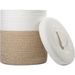 Yimi's Dream Lidded Storage Basket, Medium Cotton Rope Basket with Lid, Small Round Storage Basket for Nursery, Living Room, Kids, Blanket, Toys (11.5''D * 13.5''H, Brown & White)