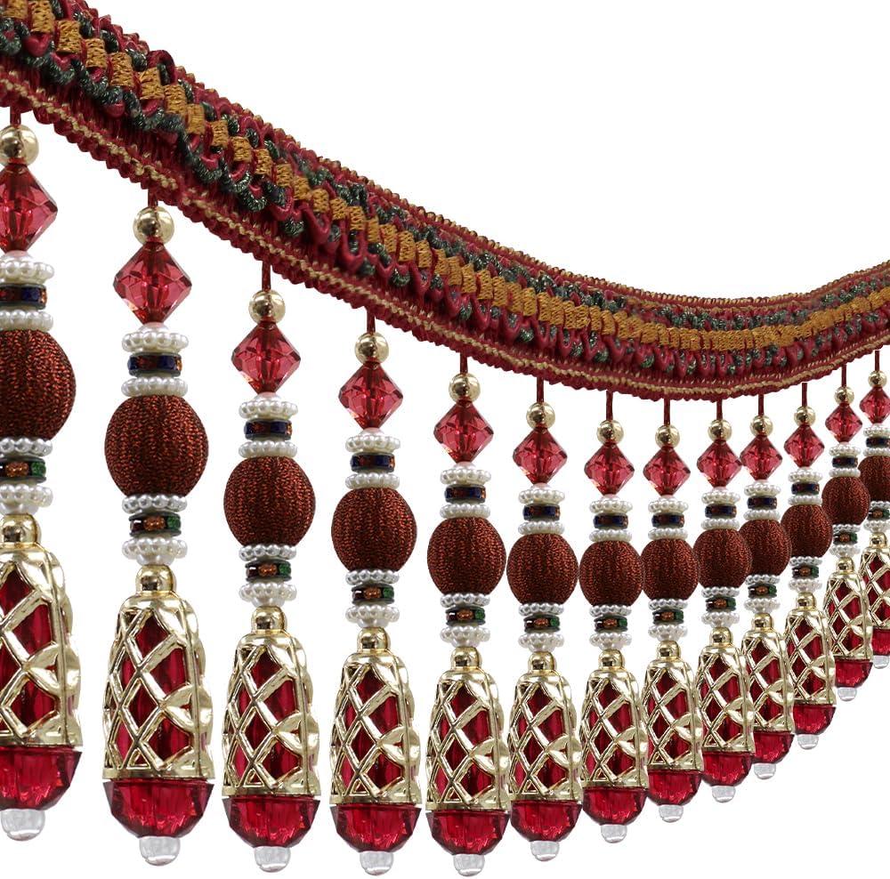Beads Tassel Fringe Trim Drapery Fringe Trimming Decorative Curtain Tassels Fringe Lampshades Boho Trim Embellished Sewing Trimming Upholstery Drapery 3 Yards (red)