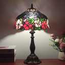 Tiffany Lamp Stained Glass Table Lamp Tiffany Style 3-Way Vintage Beside Reading Light 12 inch Flowers Style Antique Nightstand Light (Red Pink Flowers)