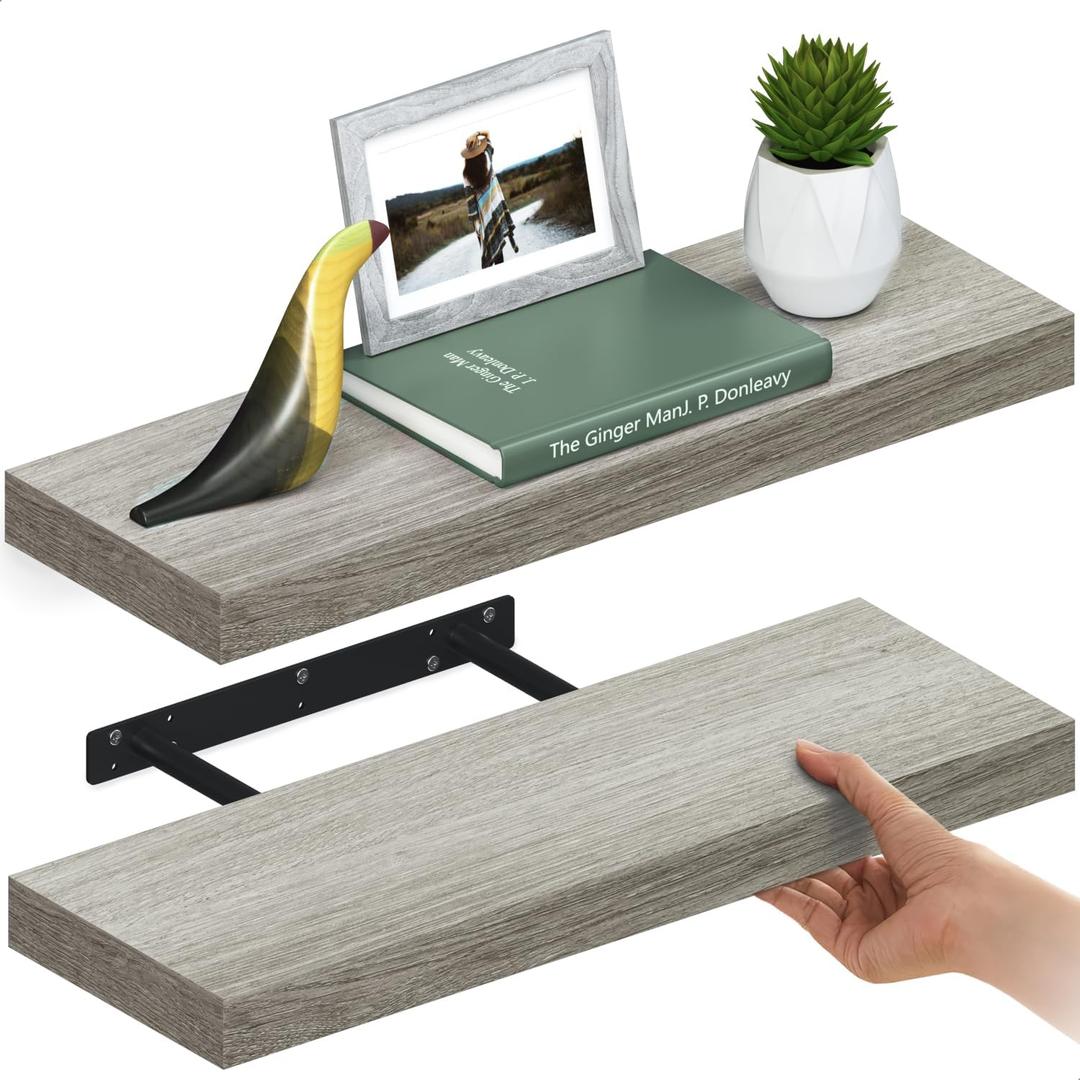 Ballucci Floating Shelves for Wall, 24" Wood Wall Shelf Set of 2, with Invisible Brackets for Bathroom, Living Room, Bedroom, Kitchen, Nursery, 8" Deep, Rustic Gray