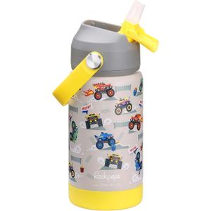 rockpapa 14 oz Kids Insulated Water Bottle, Stainless Steel Toddler Cups with Straws, BPA Free, Leak-Proof, Kids Water Bottle for School Boys& Girls (Grey Trucks)