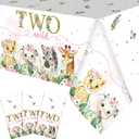 Newwiee 3 Pcs Two Wild Birthday Decorations Tablecloths Safari Animal Table Cloths 54 x 108 Inch Rectangle Jungle Table Covers Wild Animal Tablecloths for 2nd Birthday Party Supplies(Pink)