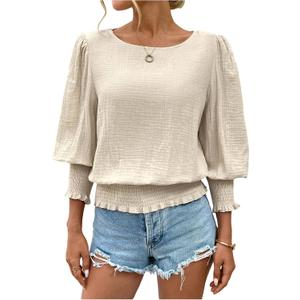 SOLY HUX Women's Casual Blouse Crew Neck Lantern 3/4 Sleeve Shirred Dressy Shirt Tops (S)