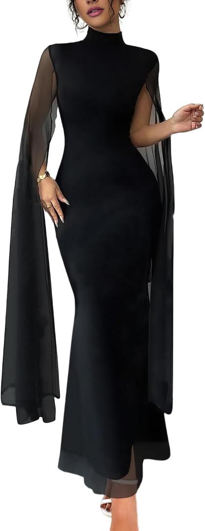 WISFRUIT Women Sexy Elegant Formal Mock Neck Flare Sleeve Mesh Evening Gowns Maxi Dress (Black, XL)