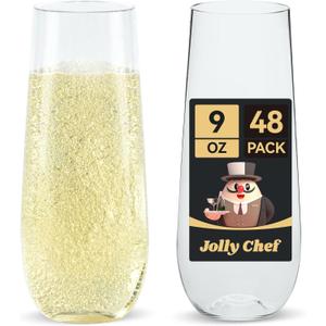 JOLLY CHEF 48 Pack Stemless Plastic Champagne Flutes 9 oz, Crystal Clear Stemless Plastic Toasting Glasses, Clear Disposable Unbreakable Drinkware Ideal for Wedding, Birthday, Party (Clear-48pack)