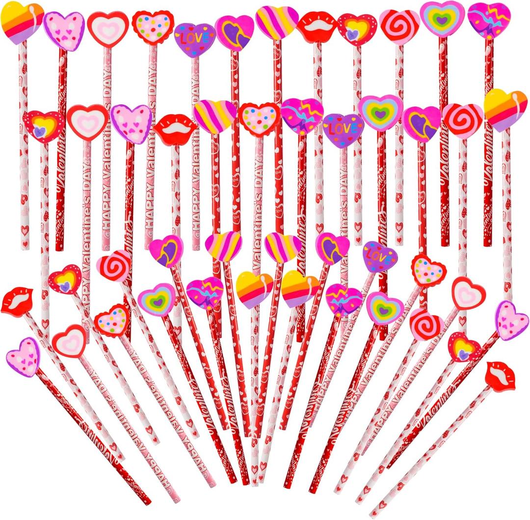 Kolewo4ever 100 Pieces Valentines Cupids Arrow Rose Wood Pencils wit Giant LOVE HEART Eraser Assortment Valentines Stationery Pencil for Valentines Party Favors