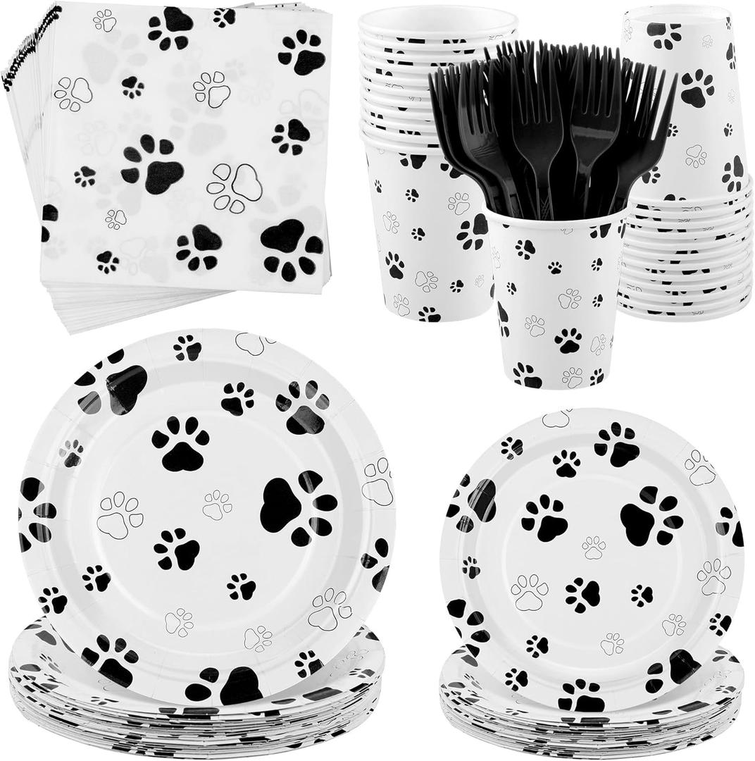Kochorie 144 Pieces Black Paw Print Party Tableware Sets Including Disposable Plates Napkins Cups Forks Serves 24 for Dog Puppy Theme Party Supplies